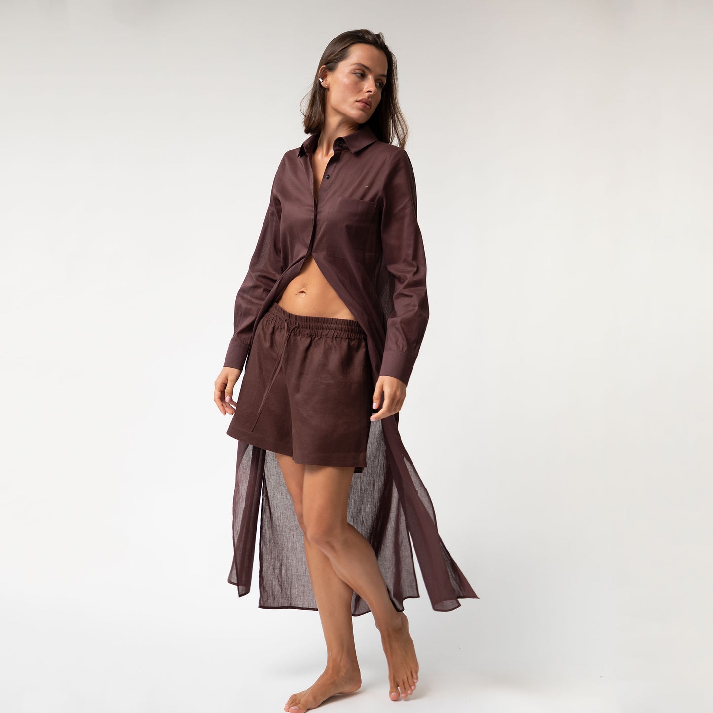 Linen Voile Button-Down Long Shirt Dress Restorative Brown