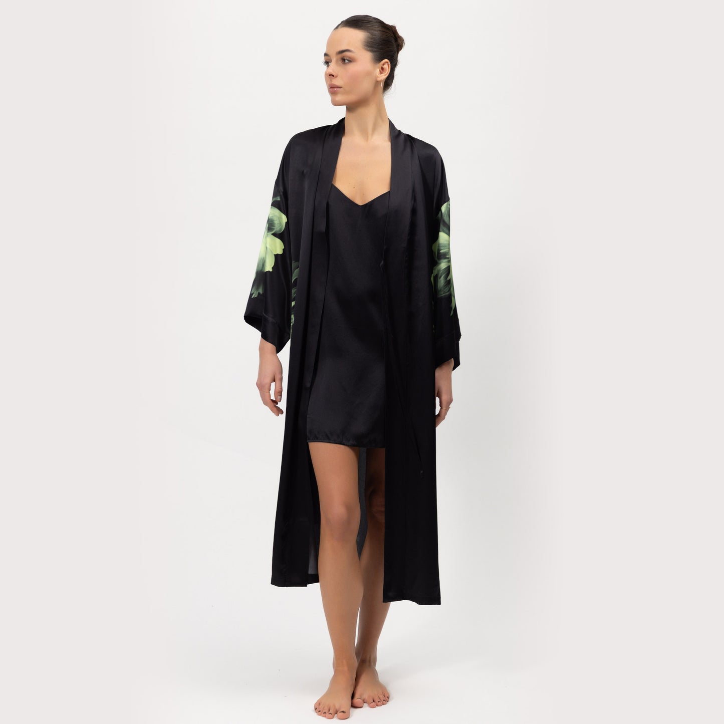 Silk Dreamscape Long Kimono Robe with slip dress Black Flower by Nokaya