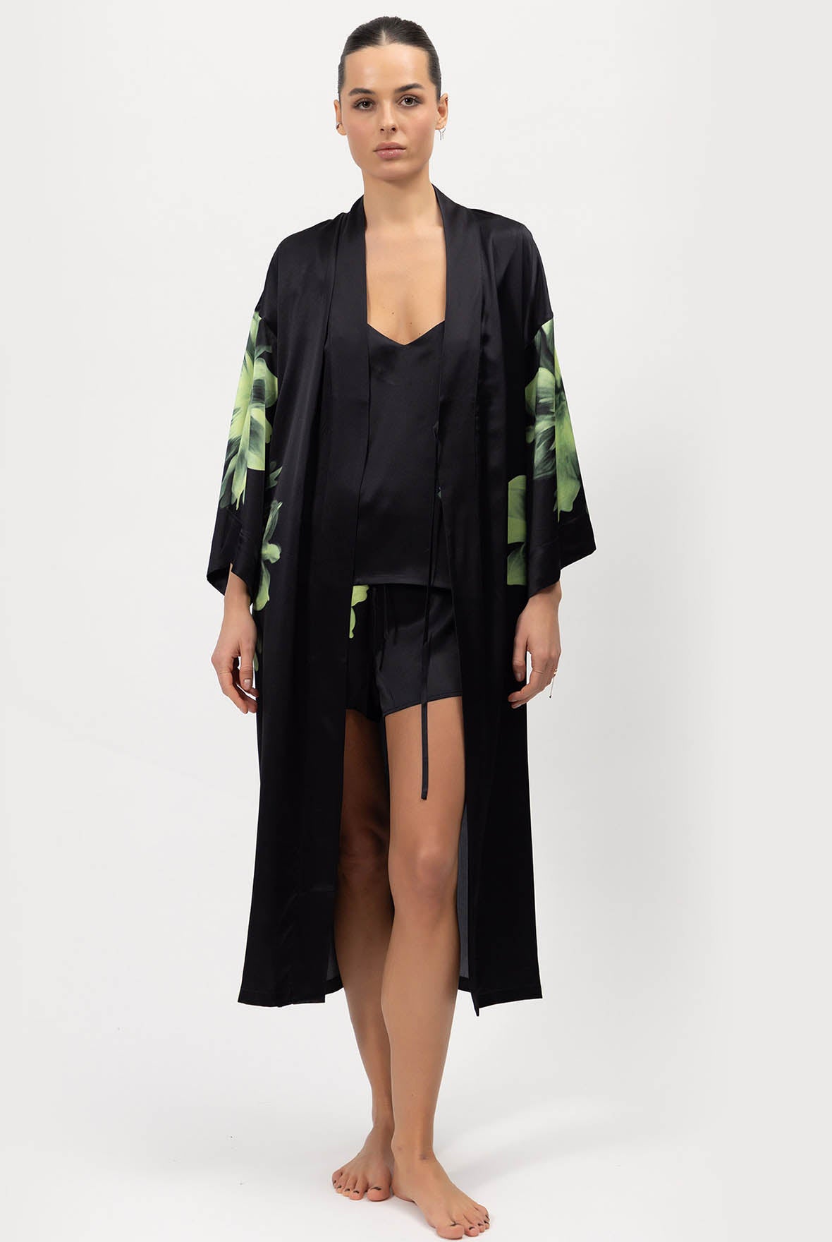 Silk Dreamscape Long Kimono Robe Black Flower