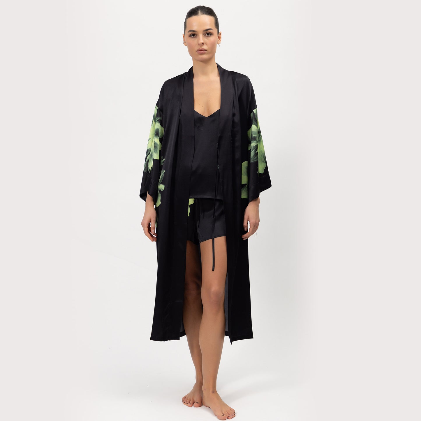 Silk Dreamscape Long Kimono Robe with Shorts and Cami Top Black Flower. Nokaya