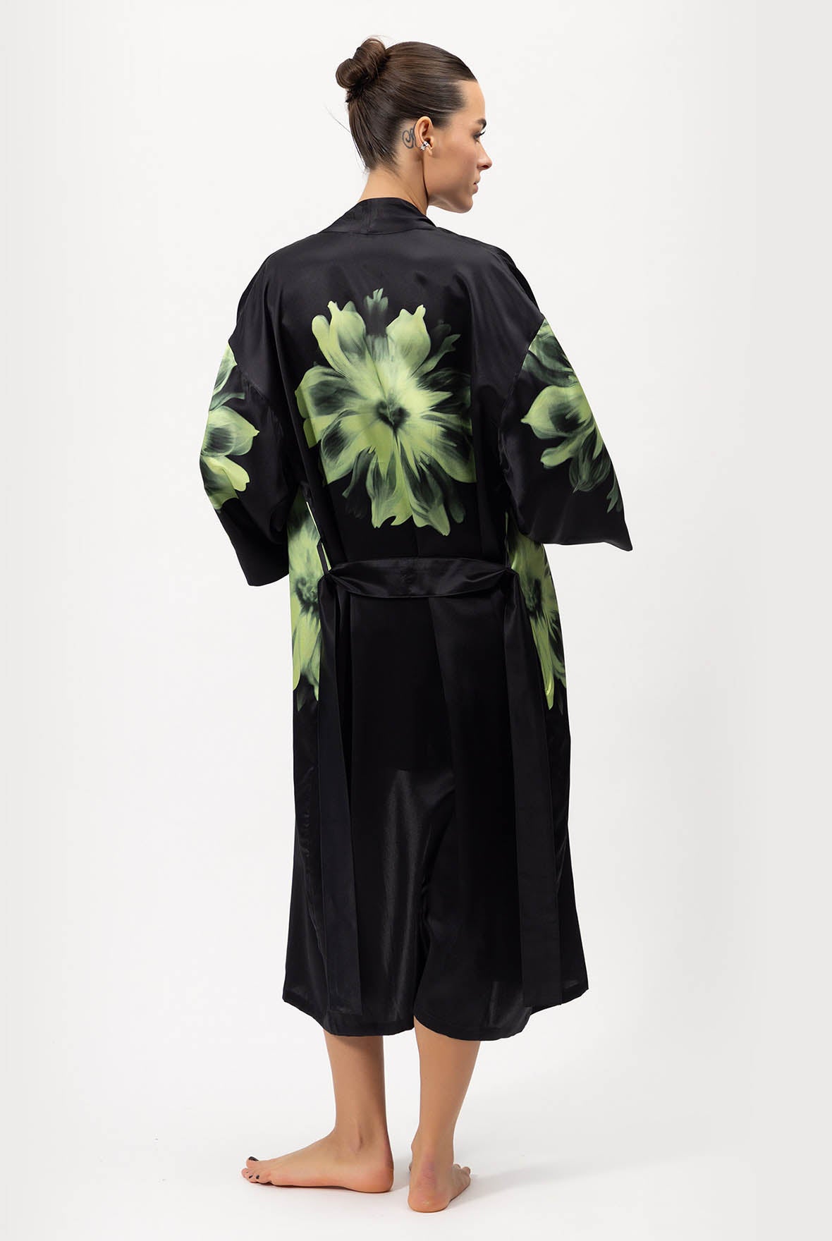 Silk Dreamscape Long Kimono Robe Black Flower