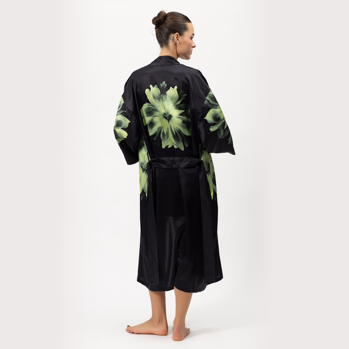 Nokaya Silk Dreamscape Long Kimono Robe Black Flower, back view. 