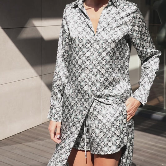 Silk Shorts and button-down shirt in Black Crystal Neo Geo print - video on a terrace showcasing elegant home and lounge styling.