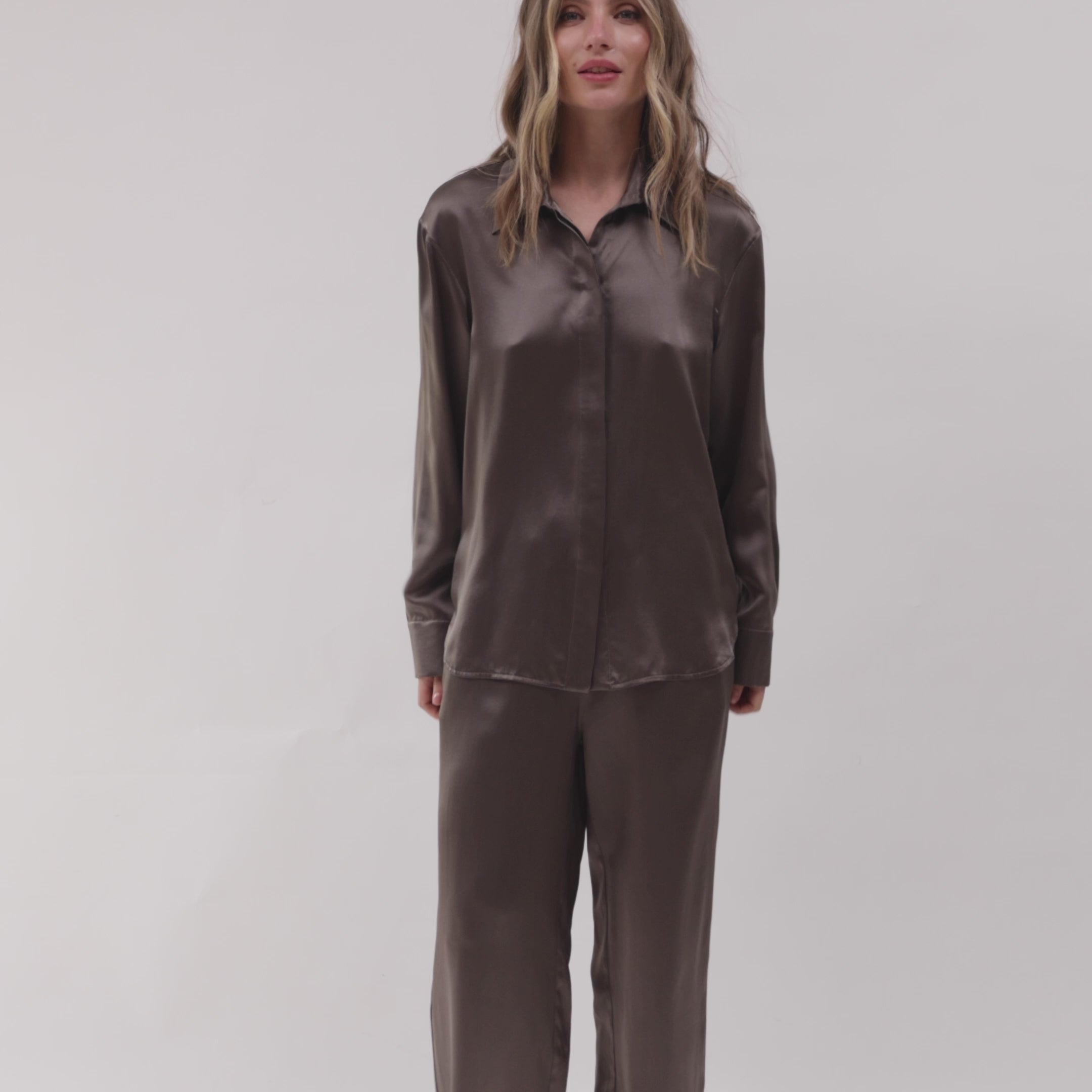 silk Pyjamas for women on the video in brown.