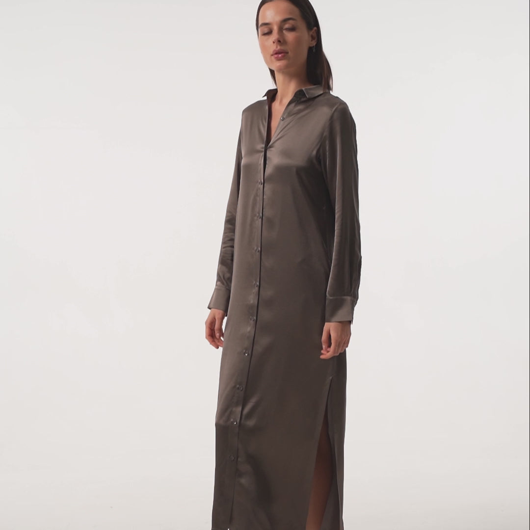 Silk Shirt Dress in Brown by Nokaya - video showcasing 360-degree view on a model.