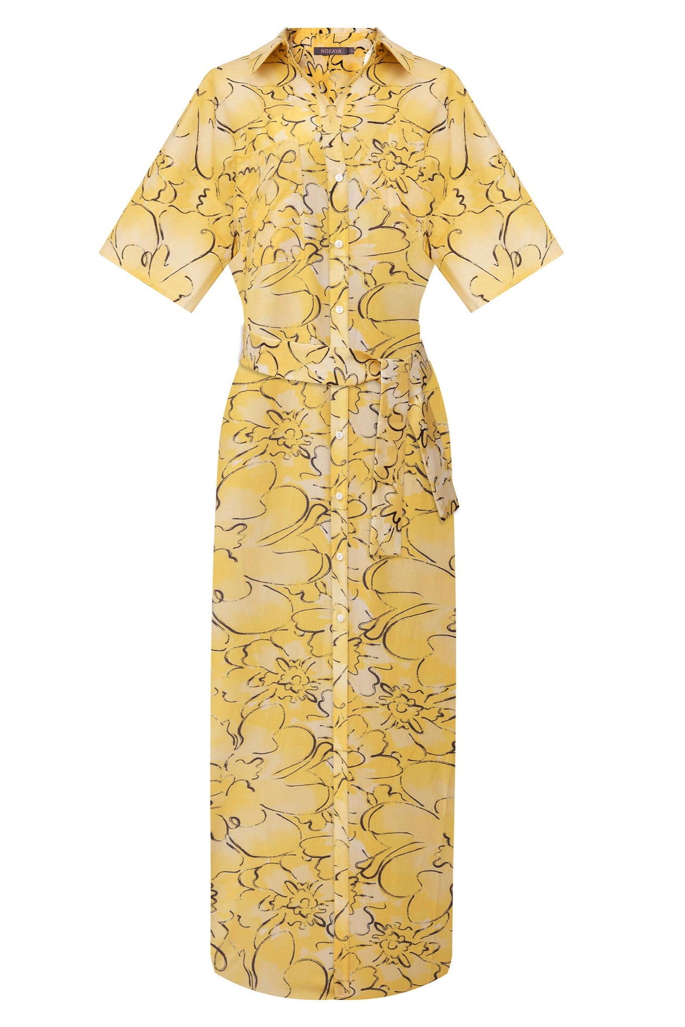 Silk Cotton Long Shirt Dress Yellow Flowers