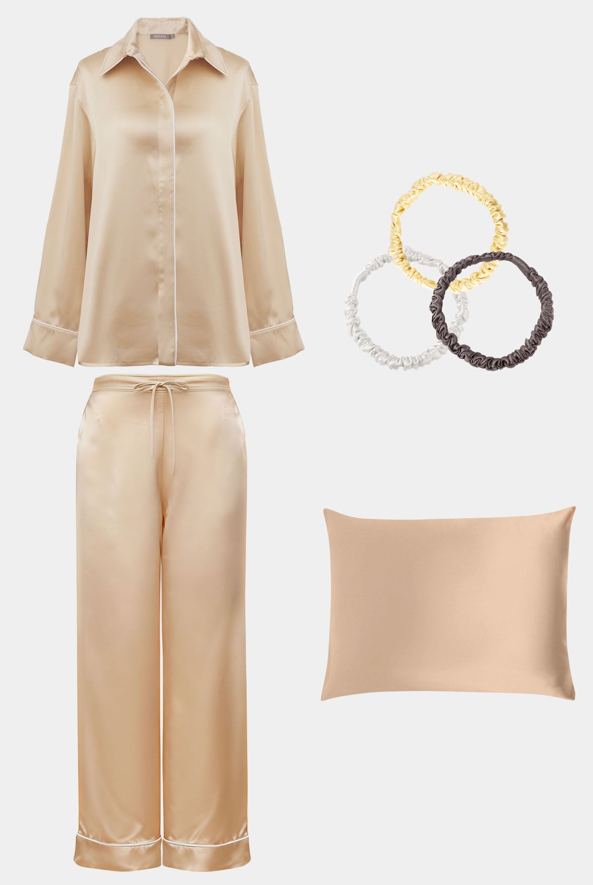 Silk Edit Caramel Bundle: caramel silk pyjamas, silk pillowcase and skinny silk scrunchies by NOKAYA