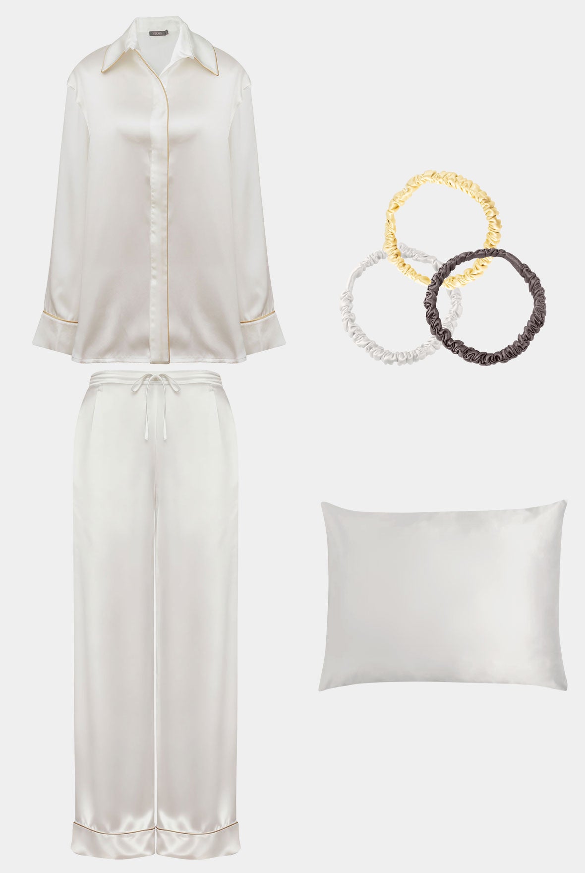 Silk Edit Ivory Bundle: ivory silk pyjamas, silk pillowcase and skinny silk scrunchies by NOKAYA