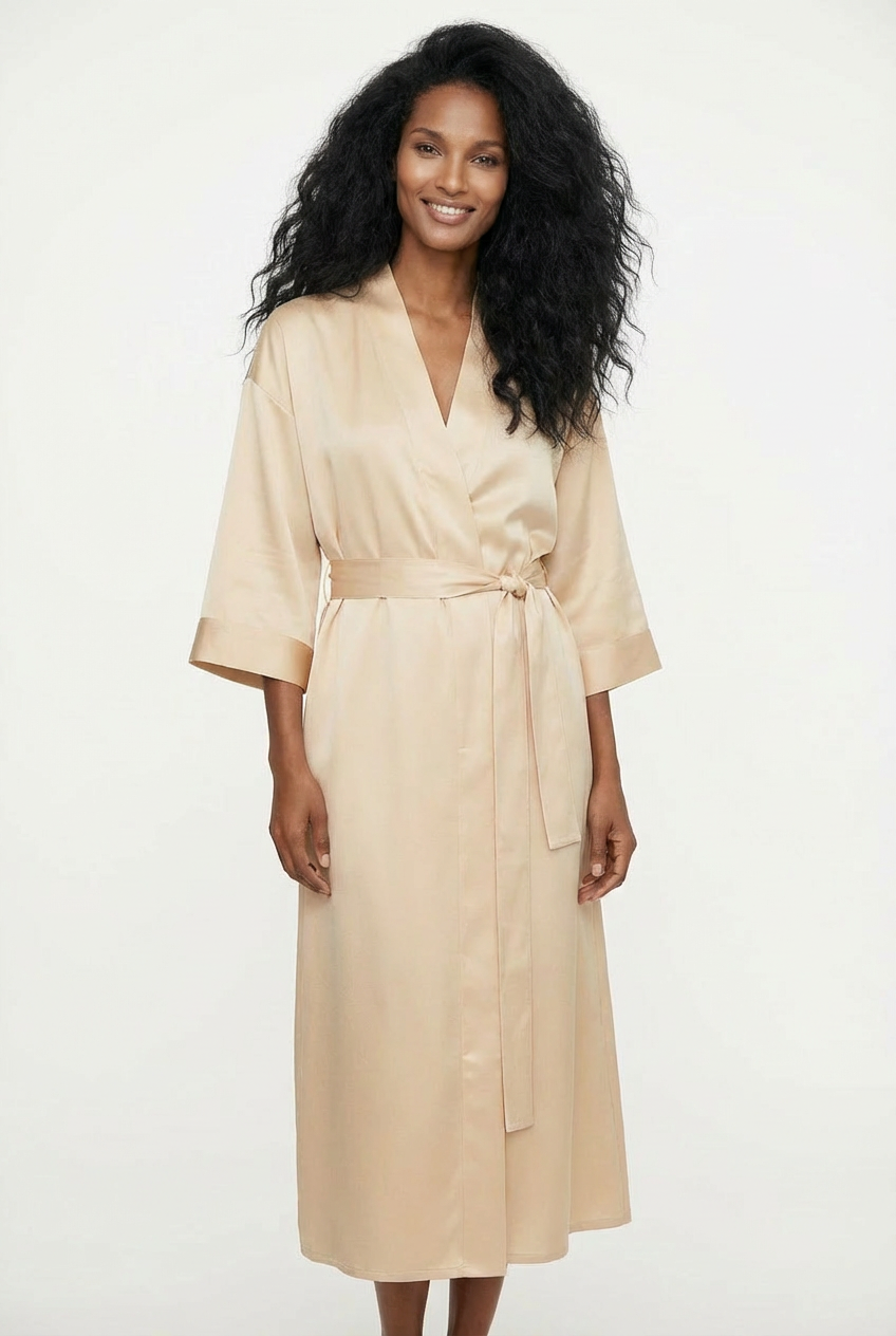 silk kimono nude colour nokaya on a women on the whit background