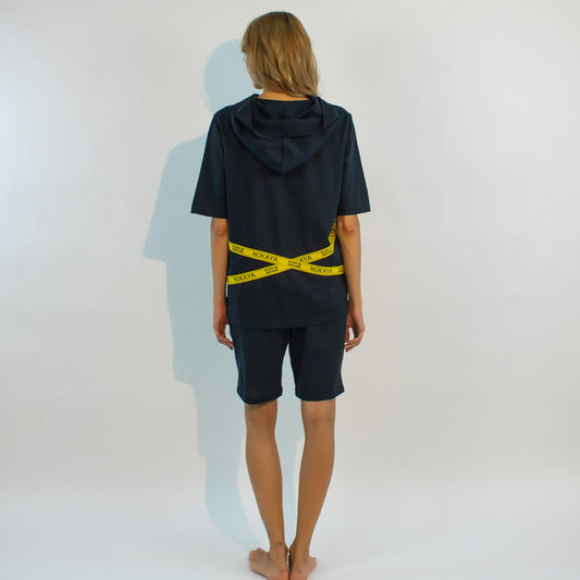 The almost black textured cotton shorts in a relaxing silhouette with the emphasis on yellow stripes with a logo.