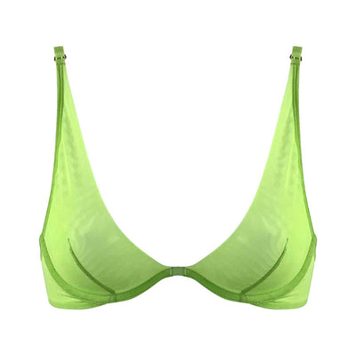 The I.D. Line green, deep plunge mesh bra.
