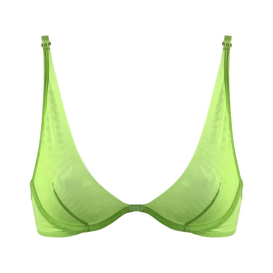The I.D. Line green, deep plunge mesh bra.