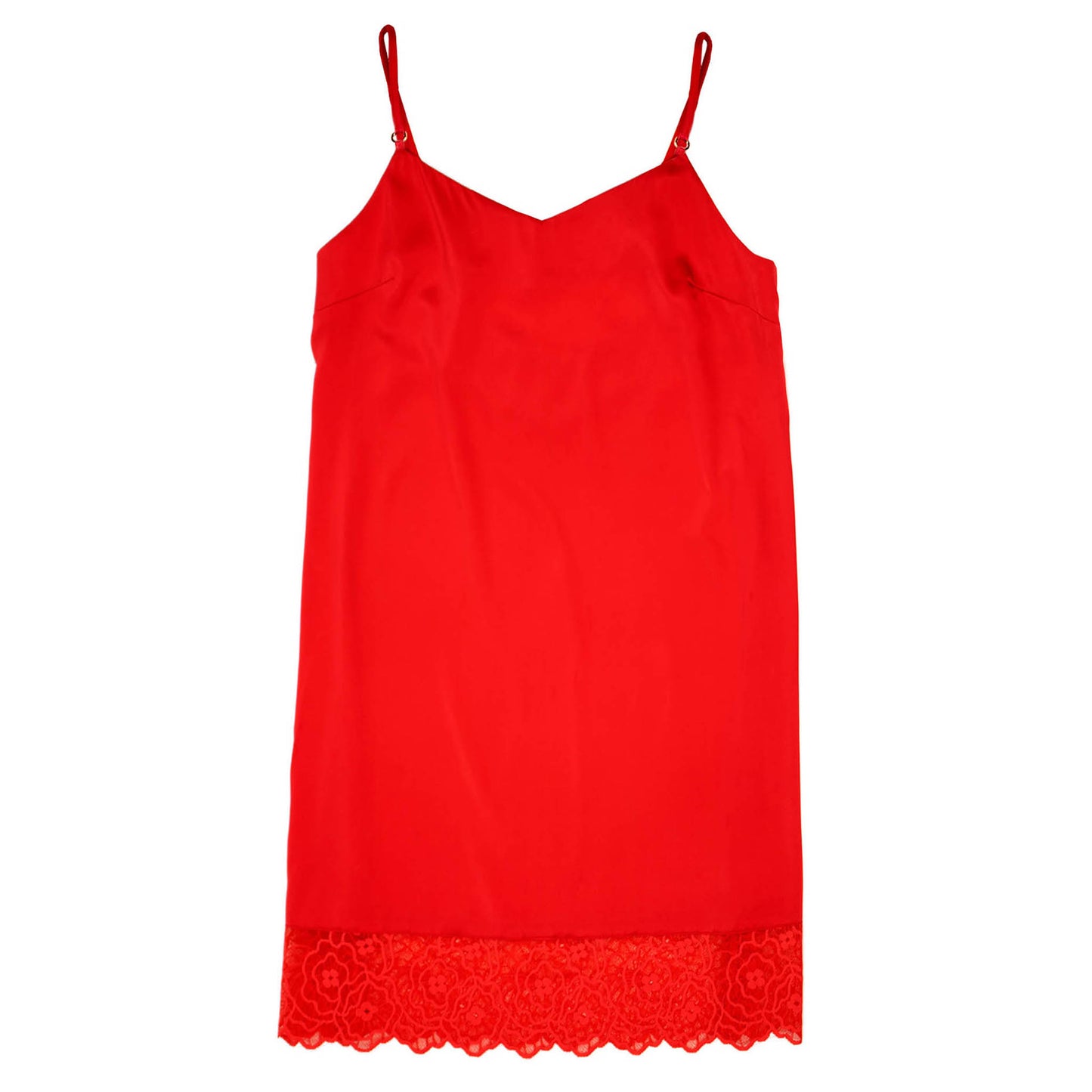 The Good Girl Gone Bad poppy red silk chemise with lace trim.