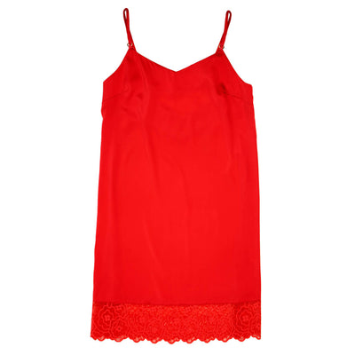 The Good Girl Gone Bad poppy red silk chemise with lace trim.