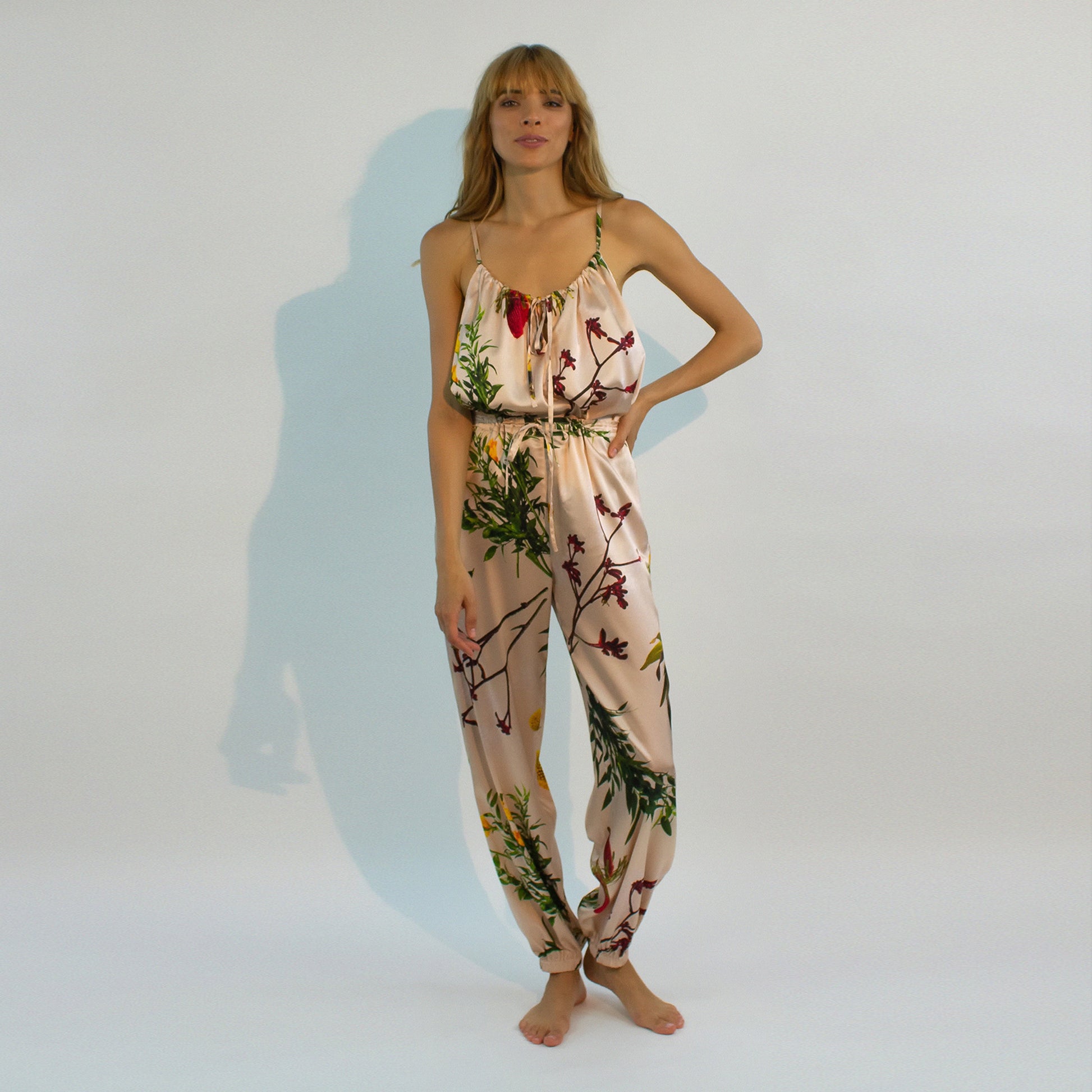 Camisole FLYING FLOWER is made from Mulberry silk and has thin, adjustable straps.