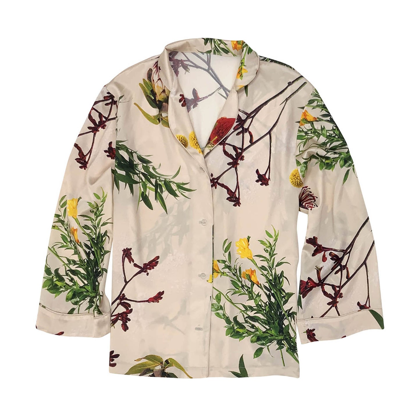 The Flying Flower shirt from NOKAYA is crafted from Mulberry silk and features a relaxed straight cut.