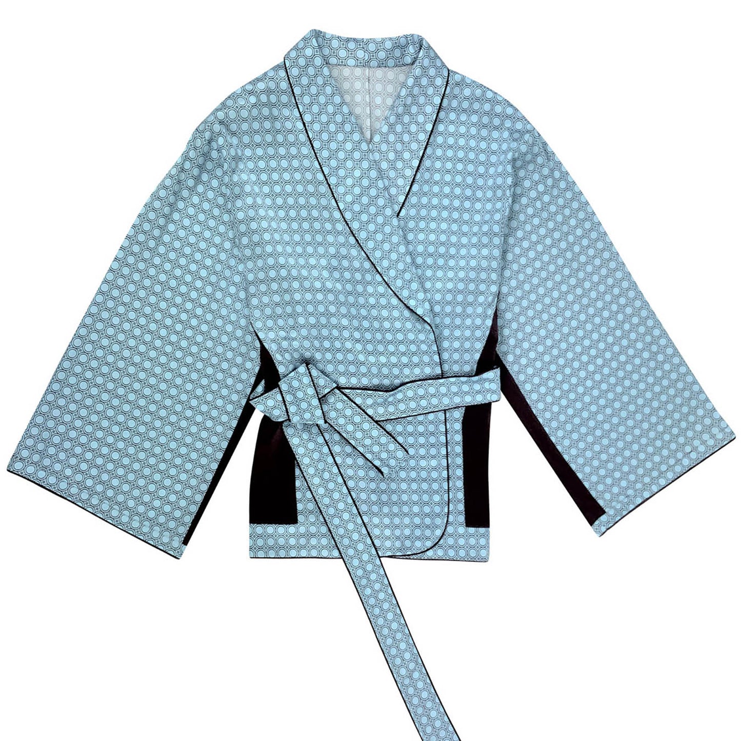 The Lady kimono is a cut from Mulberry silk fabric in a sky-blue hue with a subtle graphic print.