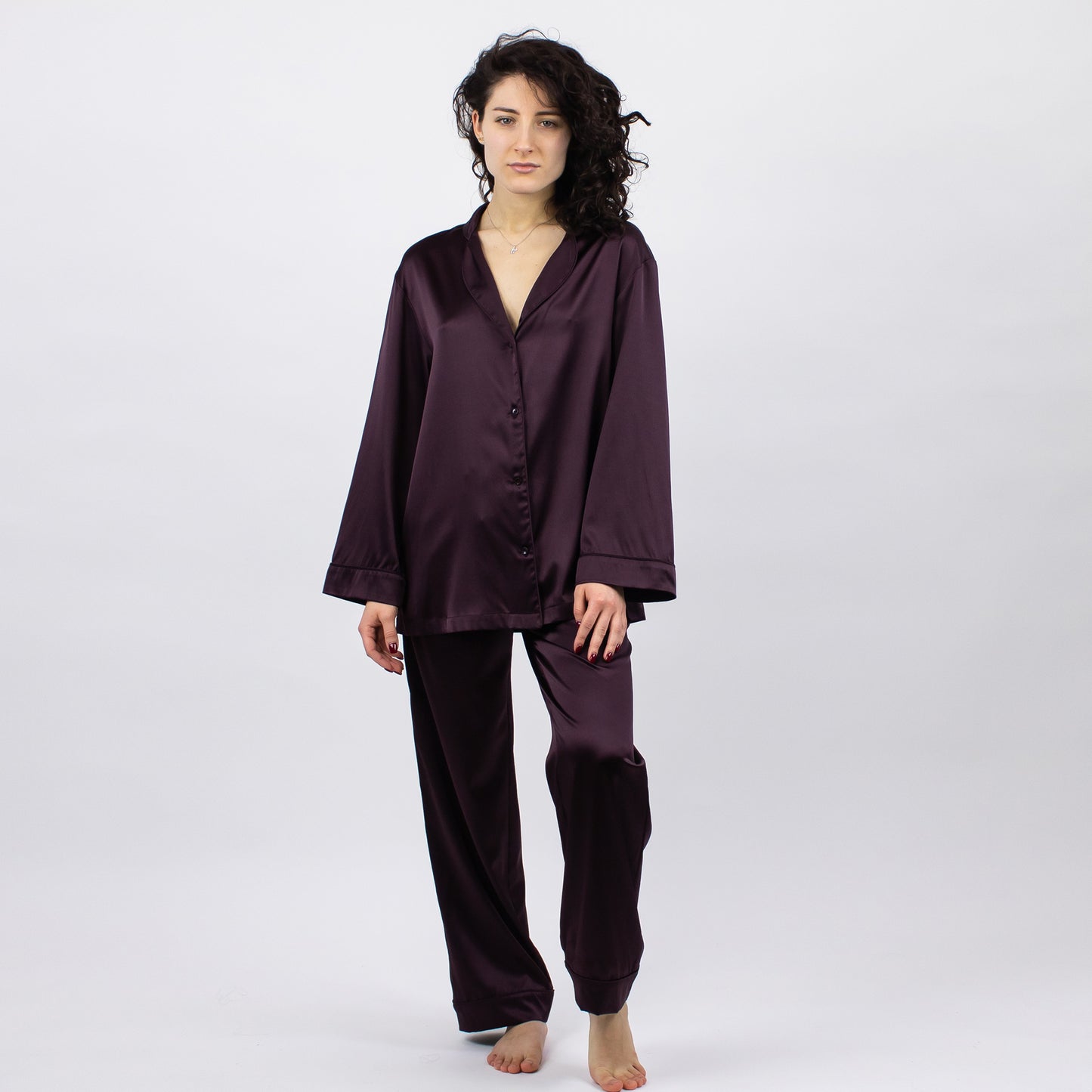 The Lady Silk Pyjama Shirt in solid brown Mulberry Silk | NOKAYA