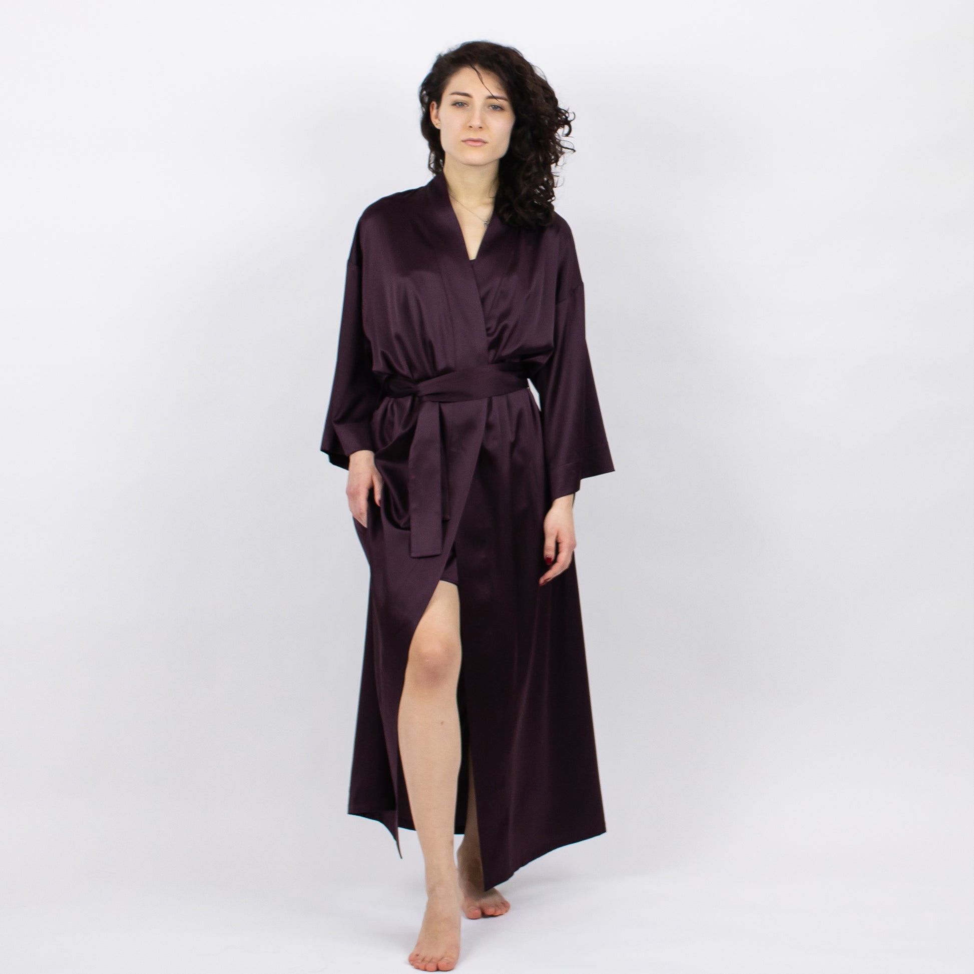 The Lady Brown Silk Long Kimono Robe Nightgown from Mulberry Silk | NOKAYA