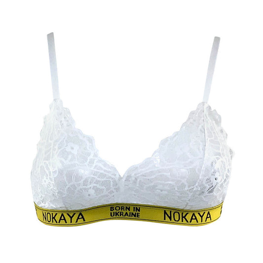 Nokaya modern white lace image bralette highlighted by our signature yellow-black elastic logo tape.