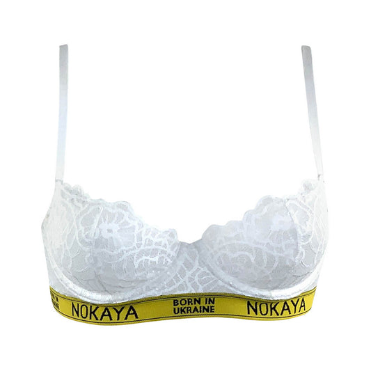 Nokaya modern white lace balcony bra with logo elastic. Front look