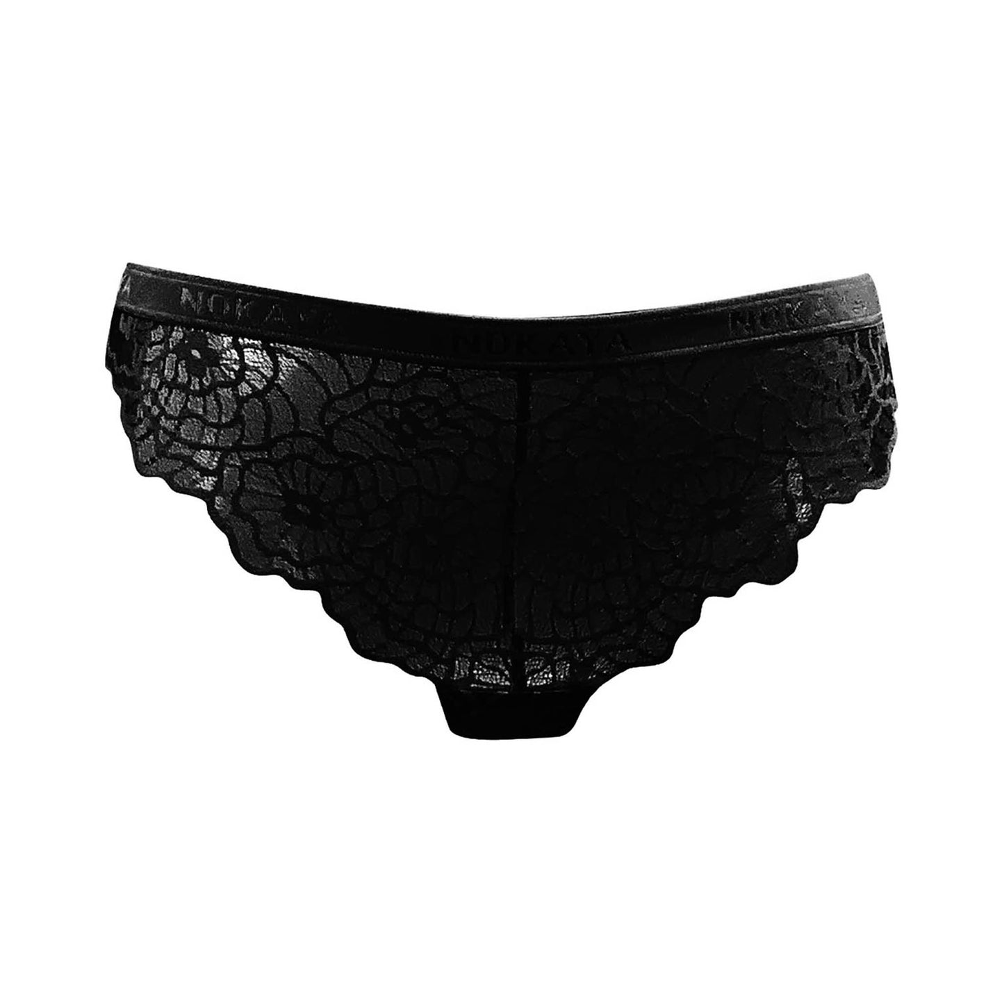 Nokaya fully lace super-comfortable black bikini with a scalloped edge.