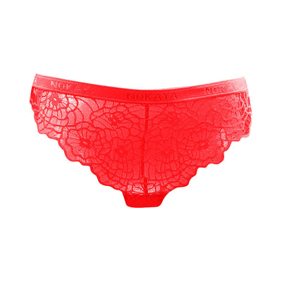 Nokaya fully lace super-comfortable red bikini with a scalloped edge.