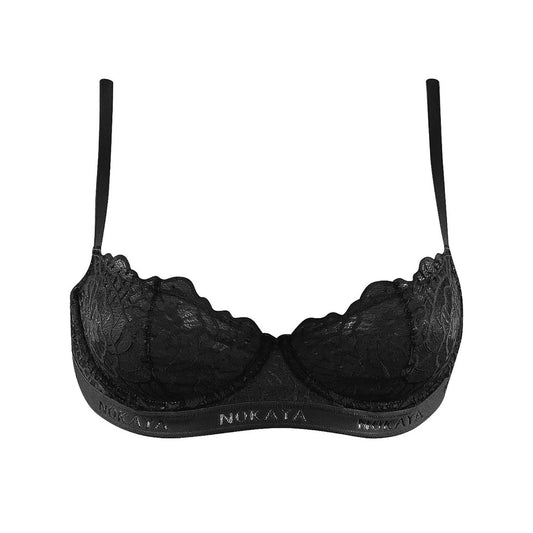 Nokaya modern black lace balcony bra with logo elastic. Front look.