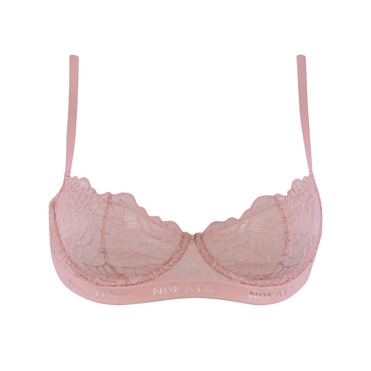 Nokaya modern pink lace balcony bra with logo elastic. Front look.