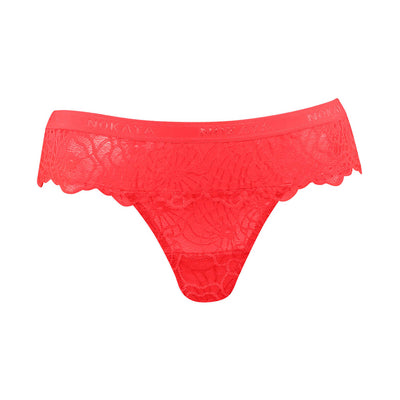 Nokaya fully lace super-comfortable poppy red thong with a scalloped edge.